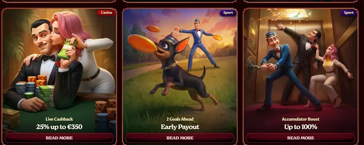 Casino and sports promotion banners featuring live cashback, early payout, and accumulator boost offers