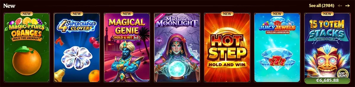 New casino slot games including Magic Fruits Oranges, Supercharged Clovers, Magical Genie, Madame Moonlight, Hot Step, Juicy Jewels, and 15 Totem Stacks