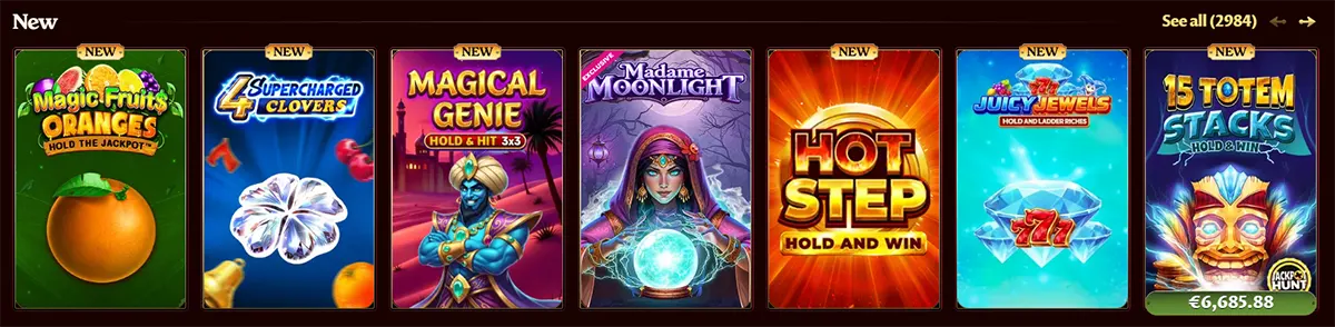 New casino slot games including Magic Fruits Oranges, Supercharged Clovers, Magical Genie, Madame Moonlight, Hot Step, Juicy Jewels, and 15 Totem Stacks