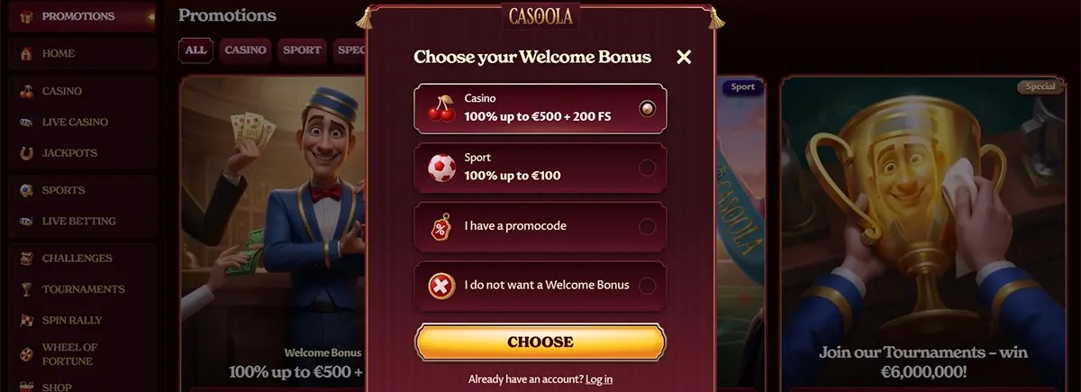 Casino welcome bonus selection popup with casino and sports bonus options